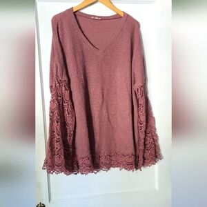 Three Bird Nest-  Liv Mauve Purple-Lace Bell Sleeve Tunic- Oversized Medium